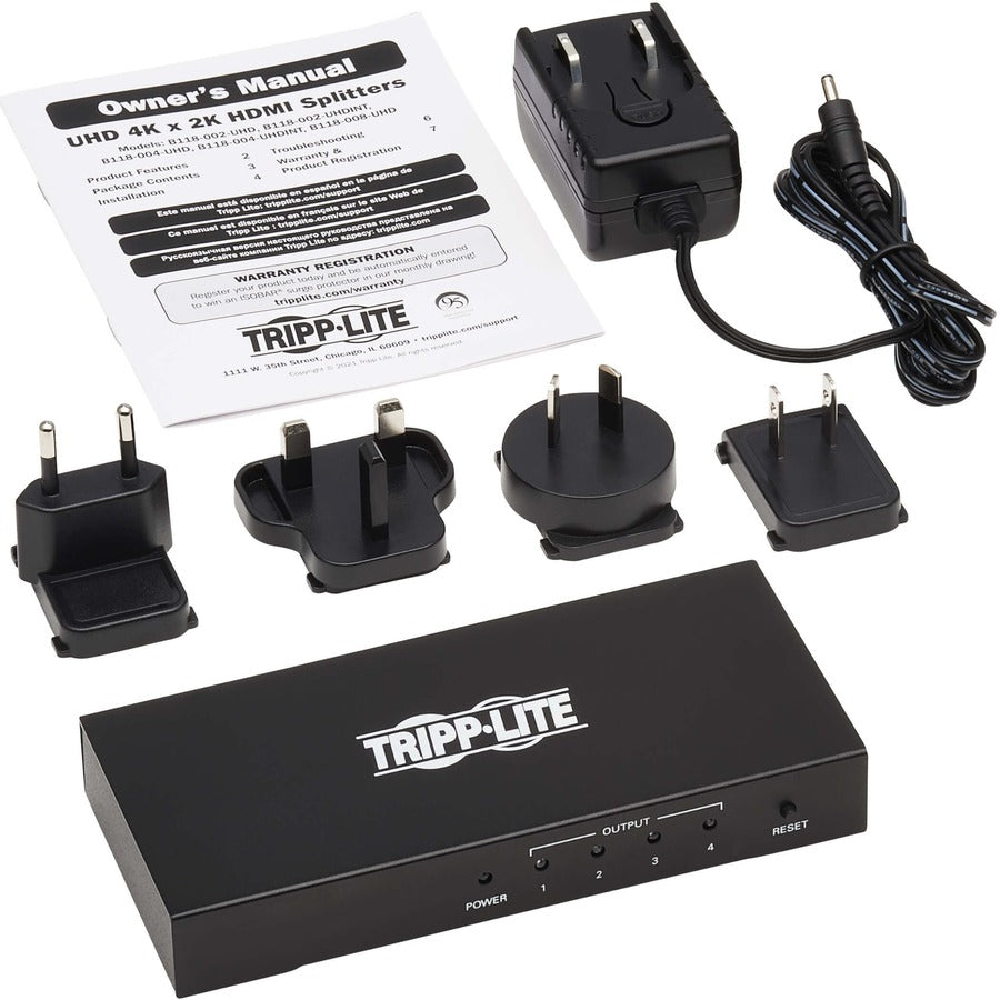 Tripp Lite 4-Port Hdmi Splitter - Uhd 4K, International Plug Adapters