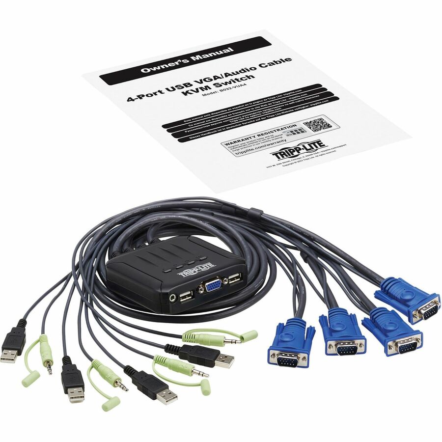 Tripp Lite 4-Port VGA KVM Switch with Built-In VGA, USB and 3.5 mm Audio Cables - 4