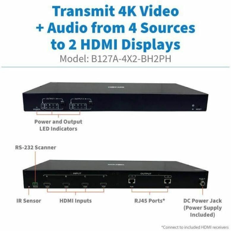Tripp Lite 4x2 HDMI over Cat6 Matrix Switch Kit Switch/2x Pigtail Receivers 4K 60 Hz HDR