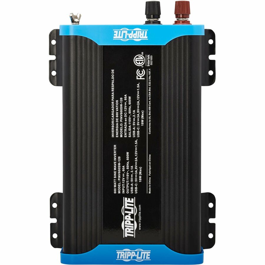 Tripp Lite 600W Light-Duty Compact Power Inverter - 2x 5-15R, USB Charging, Pure Sine