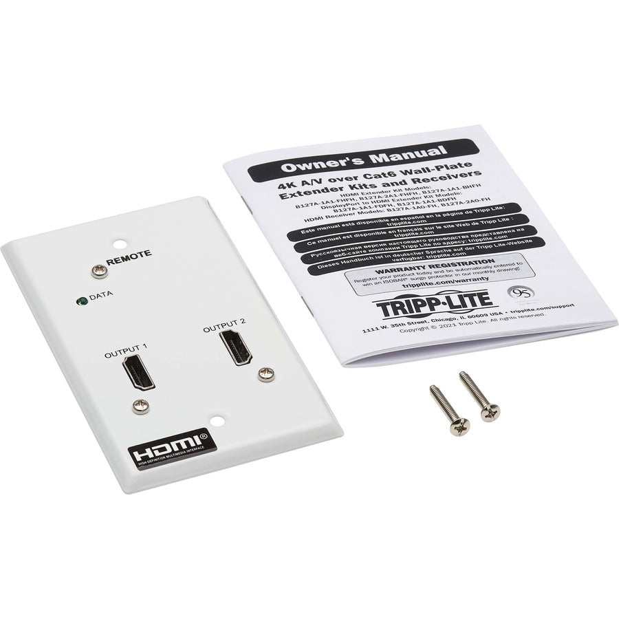 Tripp Lite B127A-2A0-Fh 2-Port Hdmi Over Cat6 Receiver, Wall Plate - 4K 60 Hz, Hdr, 4:4:4, Poc, Hdcp 2.2, 230 Ft. (70.1 M), Taa