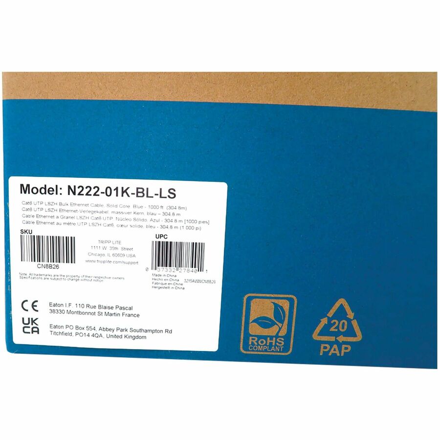 Tripp Lite Cat6 1G Solid Core UTP Bulk Ethernet Cable, LSZH, Blue, 1000 ft. (305 m) -