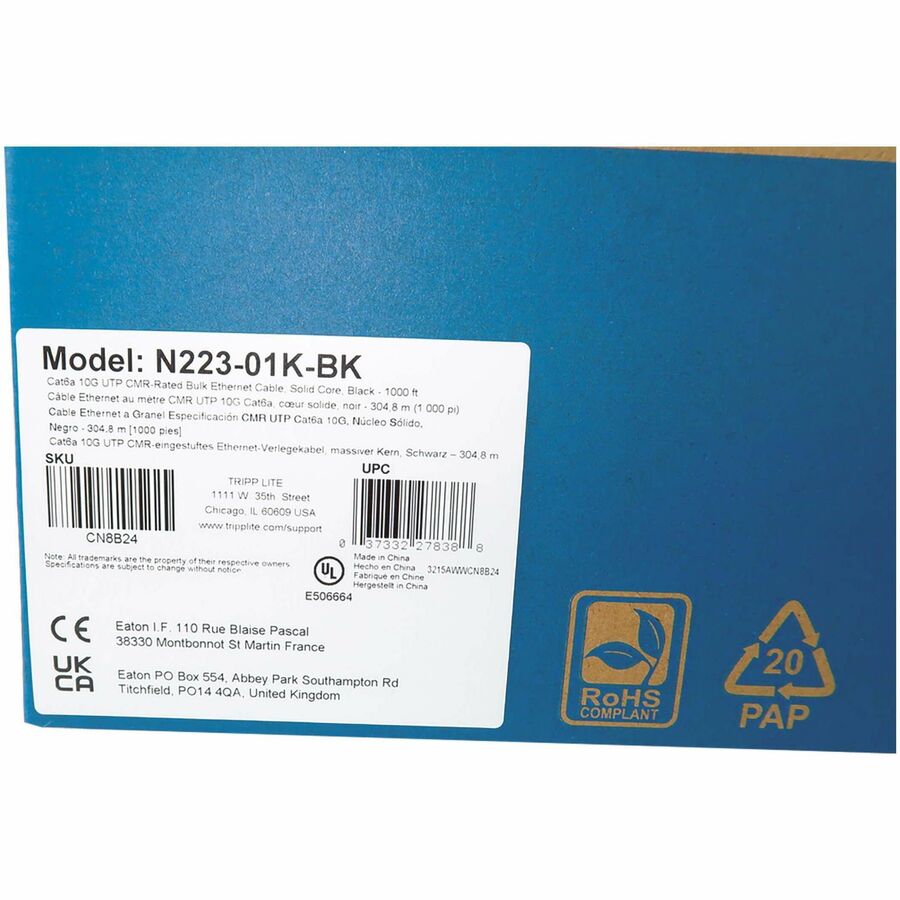 Tripp Lite Cat6a 10G Solid Core UTP Bulk Ethernet Cable CMR Rated Black 1000 ft. (305 m) -