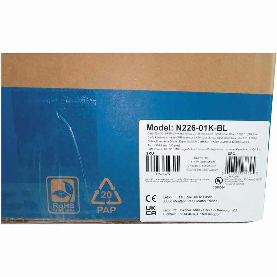 Tripp Lite Cat8 25G/40G Solid Core S/FTP Bulk Ethernet Cable, CMR Rated, Blue, 1000 ft.