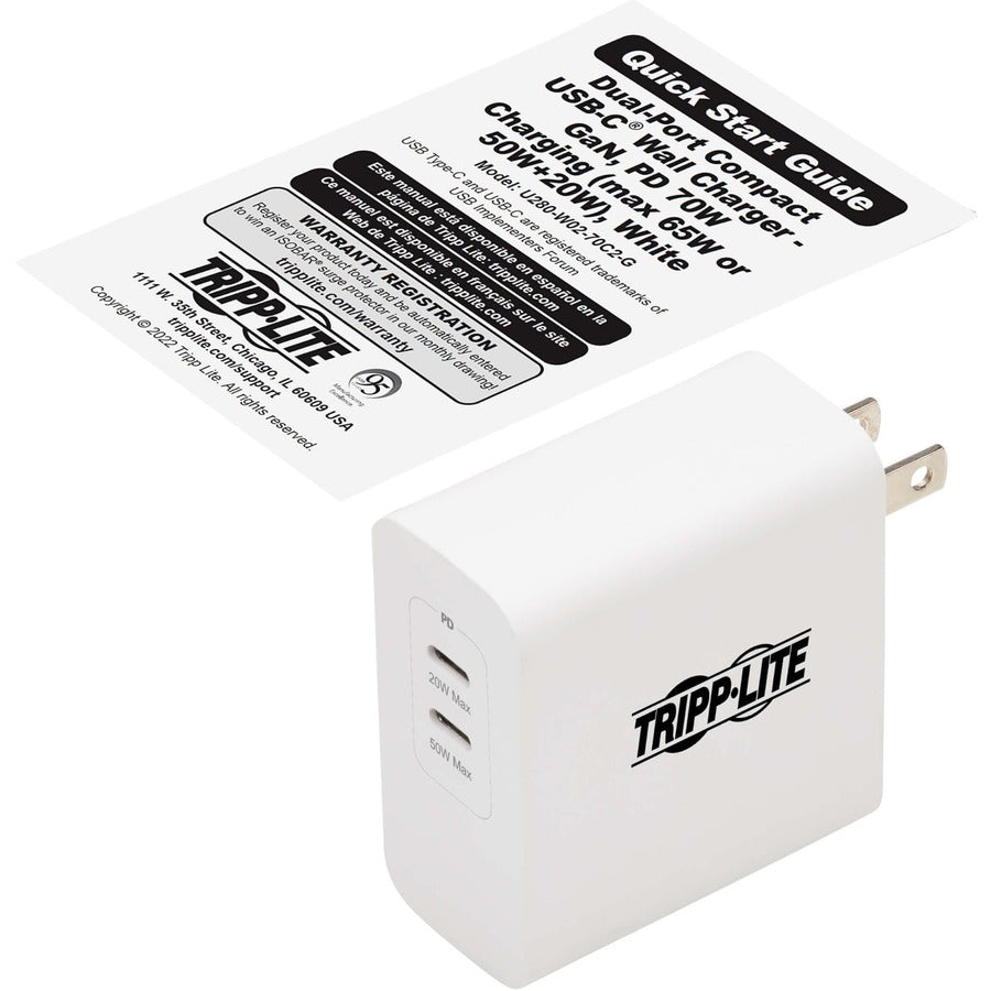 Tripp Lite Dual-Port Compact USB-C Wall Charger - GaN Technology 70W PD Charging (50W+20W