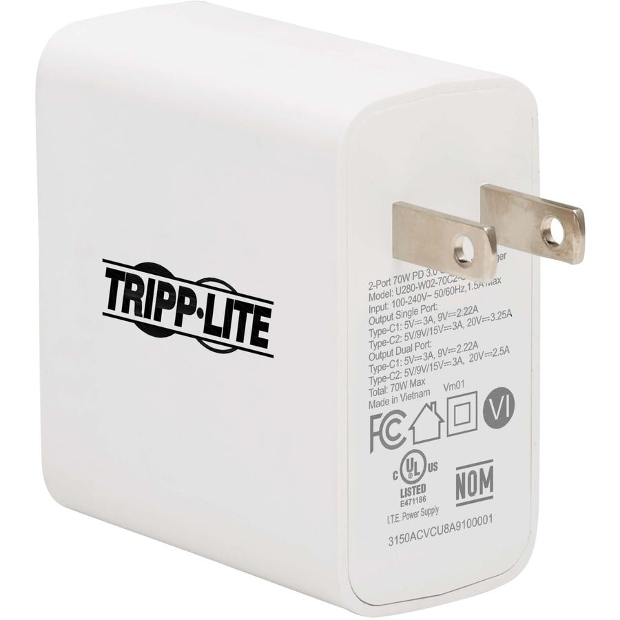 Tripp Lite Dual-Port Compact USB-C Wall Charger - GaN Technology 70W PD Charging (50W+20W