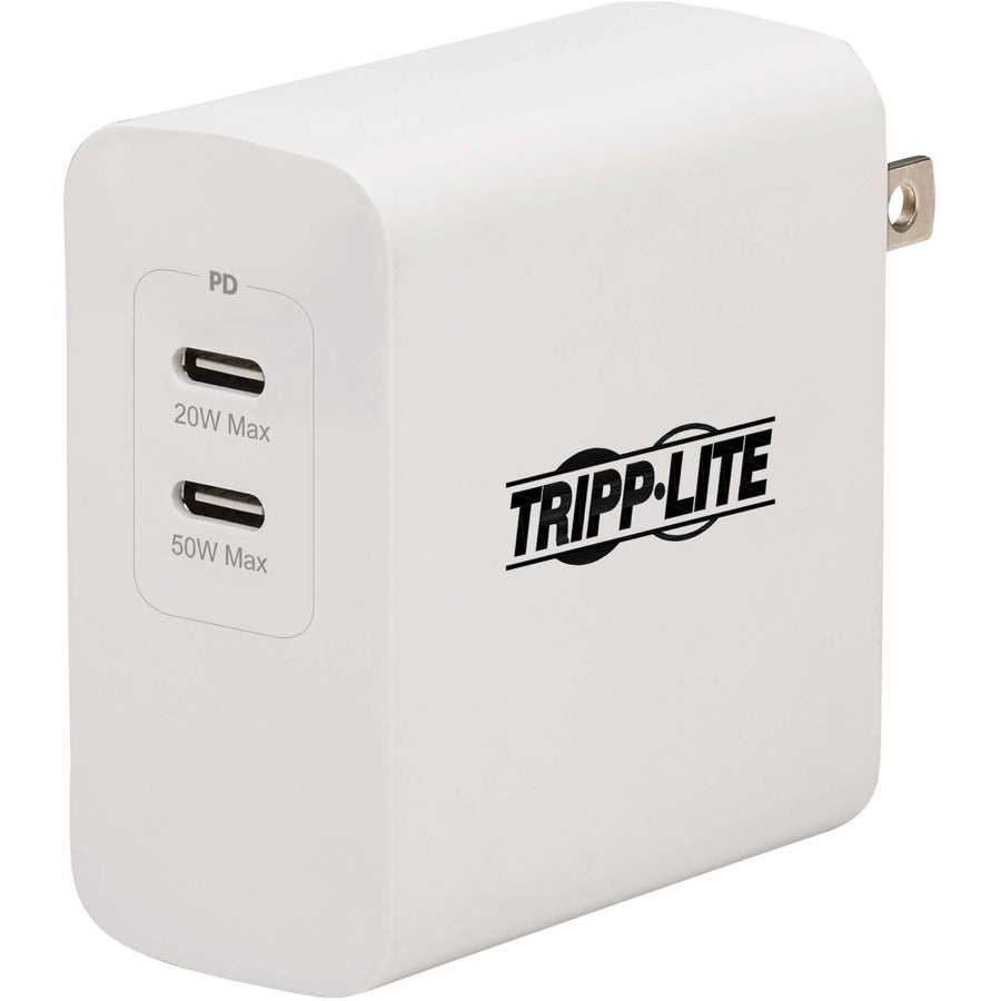 Tripp Lite Dual-Port Compact USB-C Wall Charger - GaN Technology 70W PD Charging (50W+20W