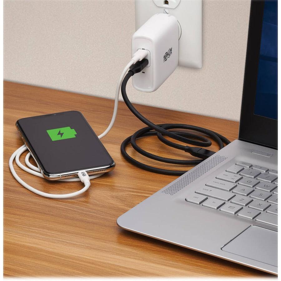 Tripp Lite Dual-Port Compact Usb-C Wall Charger - Gan Technology, 68W Pd Charging (50W+18W), White