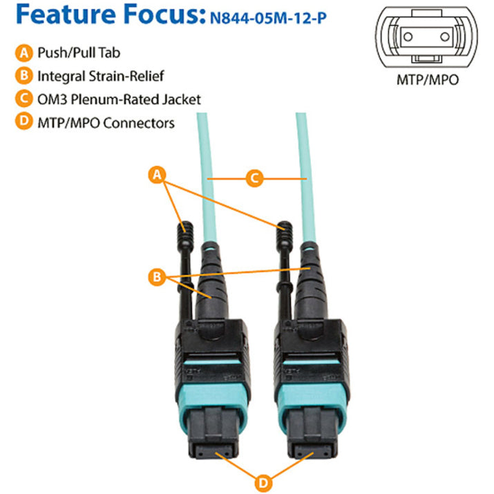 Tripp Lite MTP/MPO Patch Cable 12 Fiber 40GbE 40GBASE-SR4 OM3 Plenum-Rated Aqua 5M (16 ft.