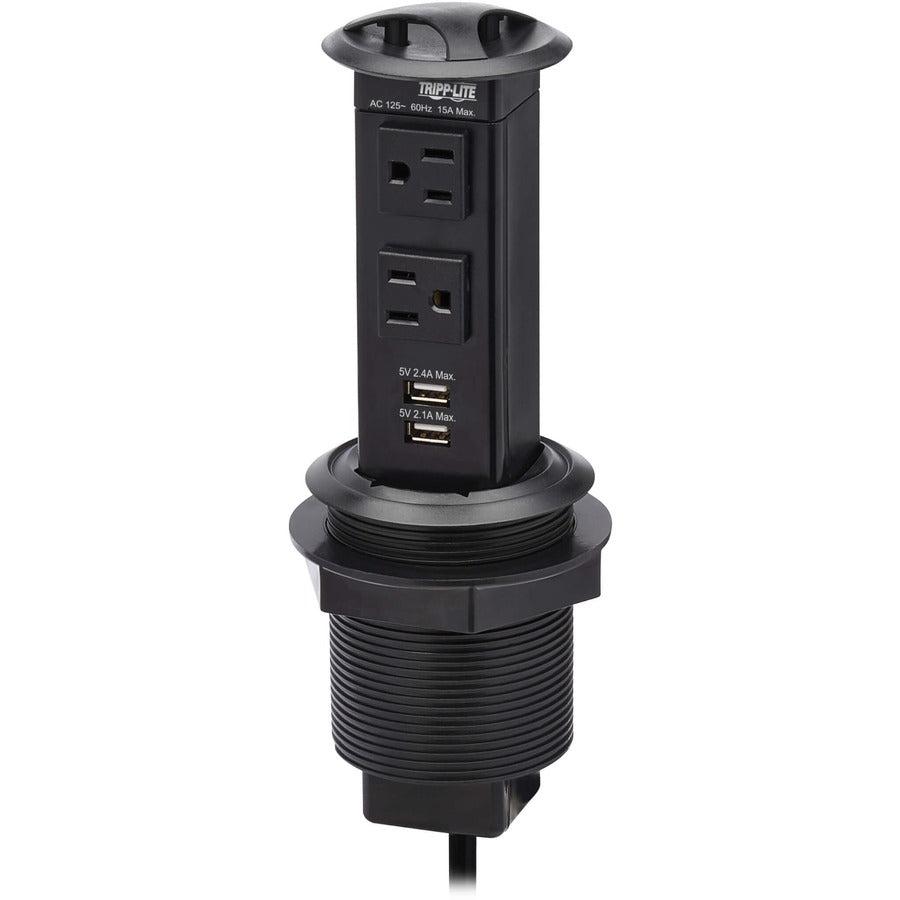 Tripp Lite Power It! 2-Outlet Pop-Up Power and Charging Dock - 2x USB-A, 6 ft. Cord, Antimicrobial Protection, Black