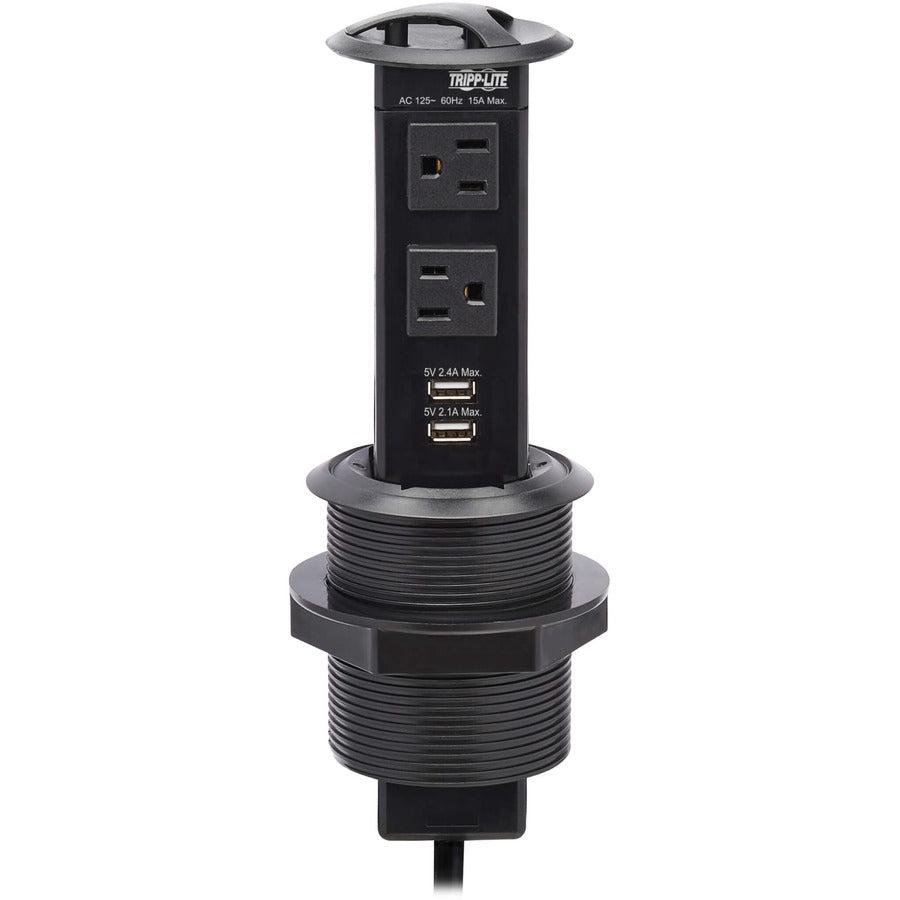 Tripp Lite Power It! 2-Outlet Pop-Up Power and Charging Dock - 2x USB-A, 6 ft. Cord, Antimicrobial Protection, Black