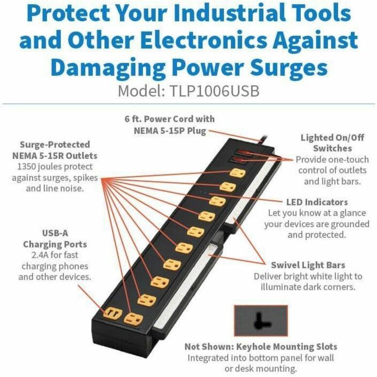 Tripp Lite Protect It! 10-Outlet Surge Protector with Swivel Light Bars - 5-15R Outlets,