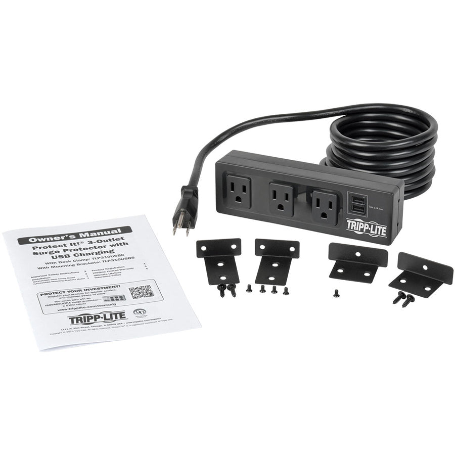 Tripp Lite Protect It! 3-Outlet Surge Protector With Mounting Brackets, 10 Ft. Cord, 510 Joules, 2 Usb Charging Ports, Black Housing