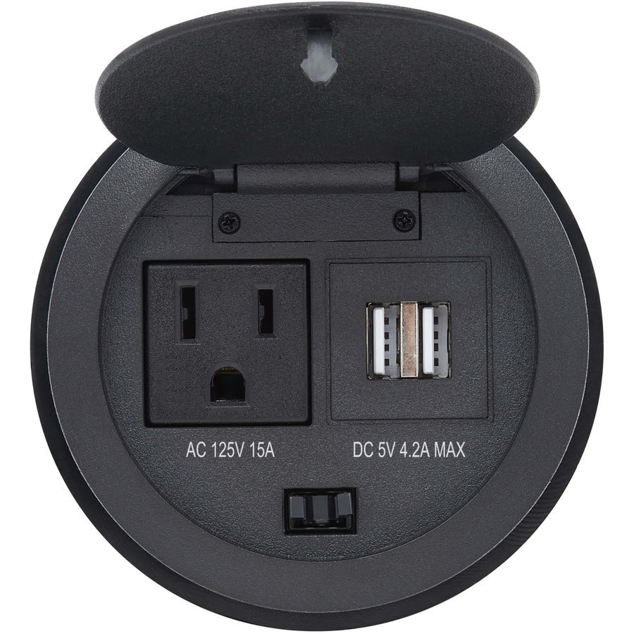 Tripp Lite Protect It! Desktop Power Grommet - NEMA 5-15P, 2x USB-A Charging, Surge Protection, 10 ft. Cord, Antimicrobial, Black