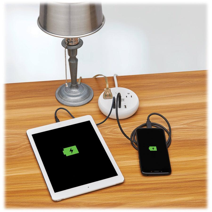 Tripp Lite Safe-IT 57W 2-Outlet Surge Protector - 5-15R Outlets, 3 USB Ports, 8 ft. (2.4 m) Cord, 300 Joules, Antimicrobial Protection, White