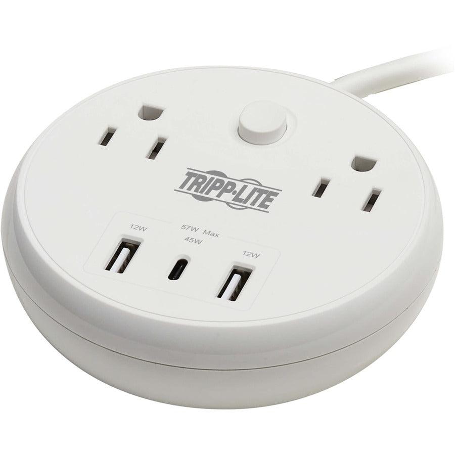 Tripp Lite Safe-IT 57W 2-Outlet Surge Protector - 5-15R Outlets, 3 USB Ports, 8 ft. (2.4 m) Cord, 300 Joules, Antimicrobial Protection, White