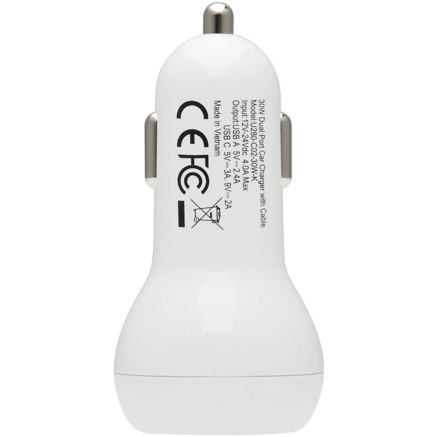 Tripp Lite U280-C02-30W-K Dual-Port Usb Car Charger - 30W Pd Charging, Usb-C (18W) & Usb-A (12W), Usb-C To Lightning Cable, White