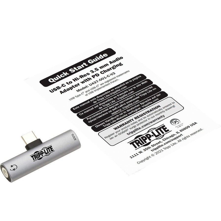 Tripp Lite Usb-C To 3.5 Mm Headphone Jack Adapter For Hi-Res Stereo Audio - Pd 3.0 And Qc 2.0 Charging, Silver