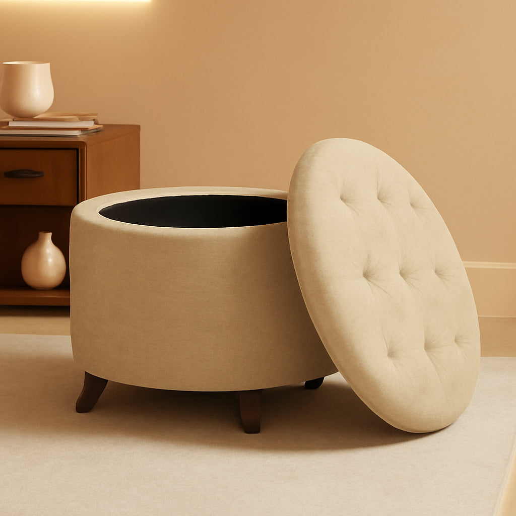 Tufted Beige Linen Ottoman 24.5 Inch Storage Option