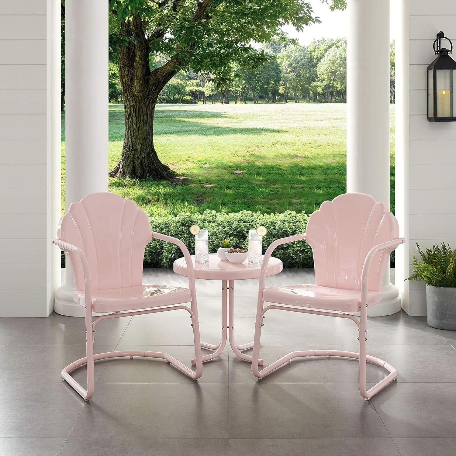 Tulip 3 Piece Outdoor Chair And Side Table Set Pink Metal Patio Furniture