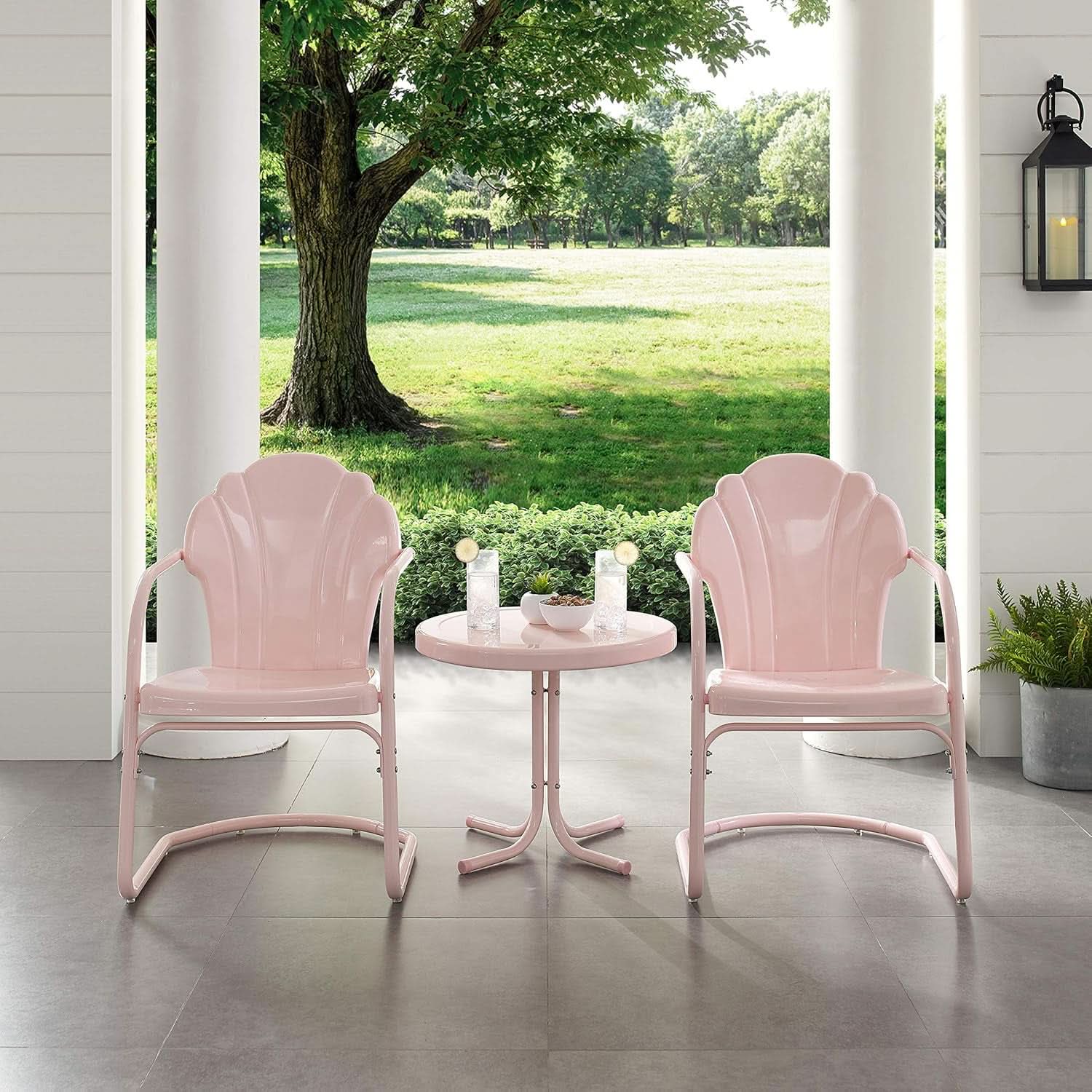 Tulip 3 Piece Outdoor Chair And Side Table Set Pink Metal Patio Furniture