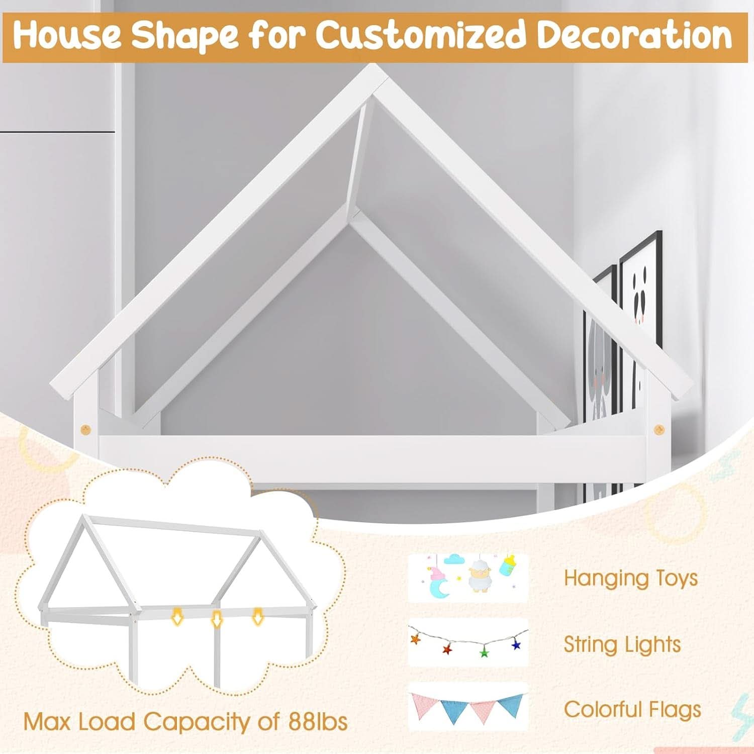 Twin House Bed Frame With Roof Canopy Montessori For Kids