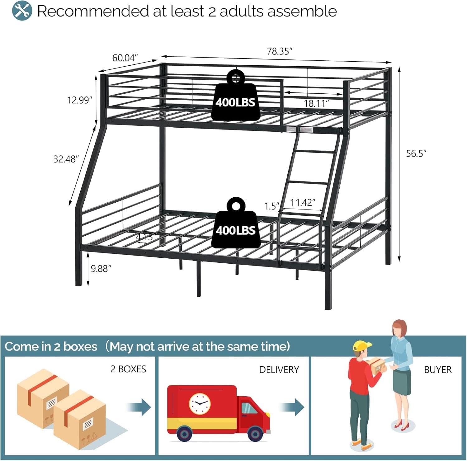 Twin Over Full Bunk Bed Black With Flat Steps Heavy Slats