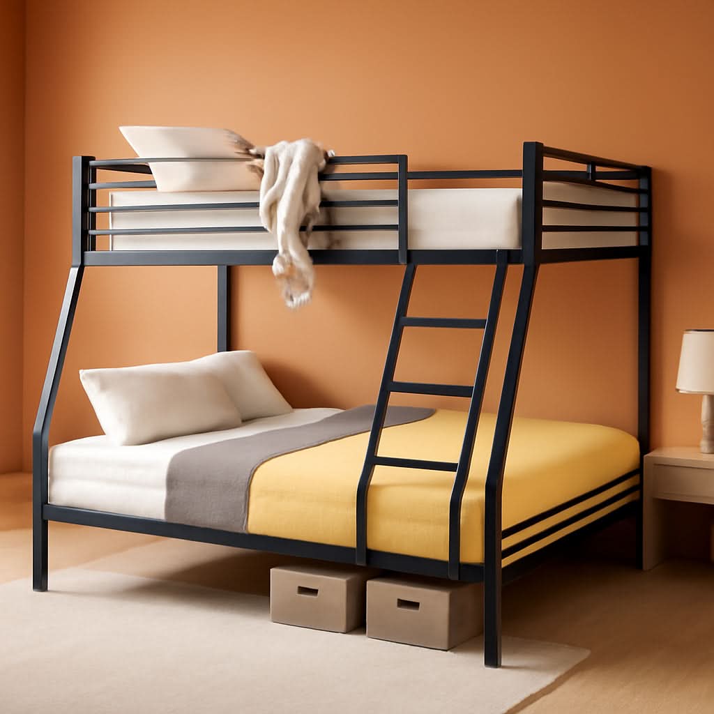 Twin Over Full Bunk Bed Black With Flat Steps Heavy Slats