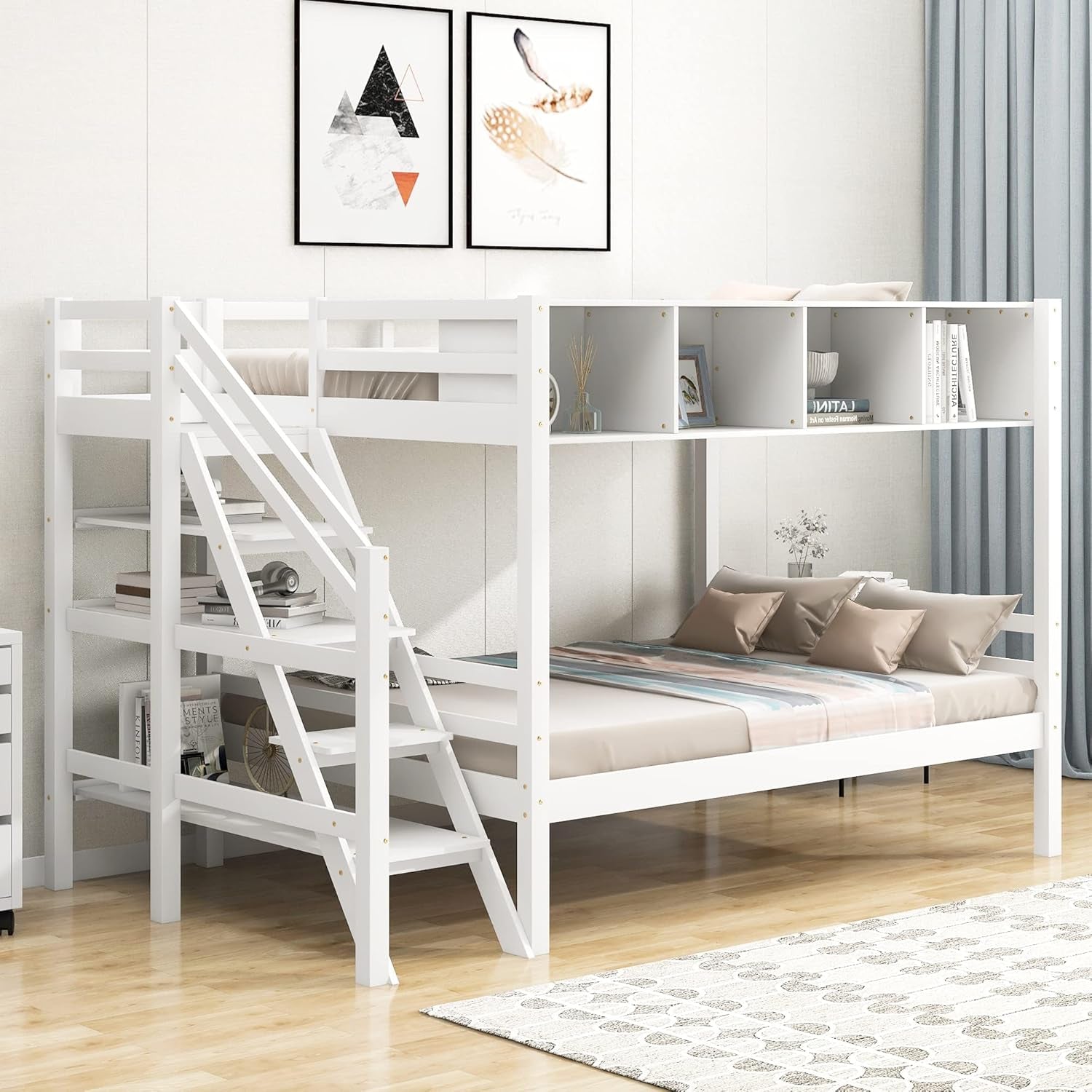 Twin Over Full Bunk Bed With Staircase And White Cabinets