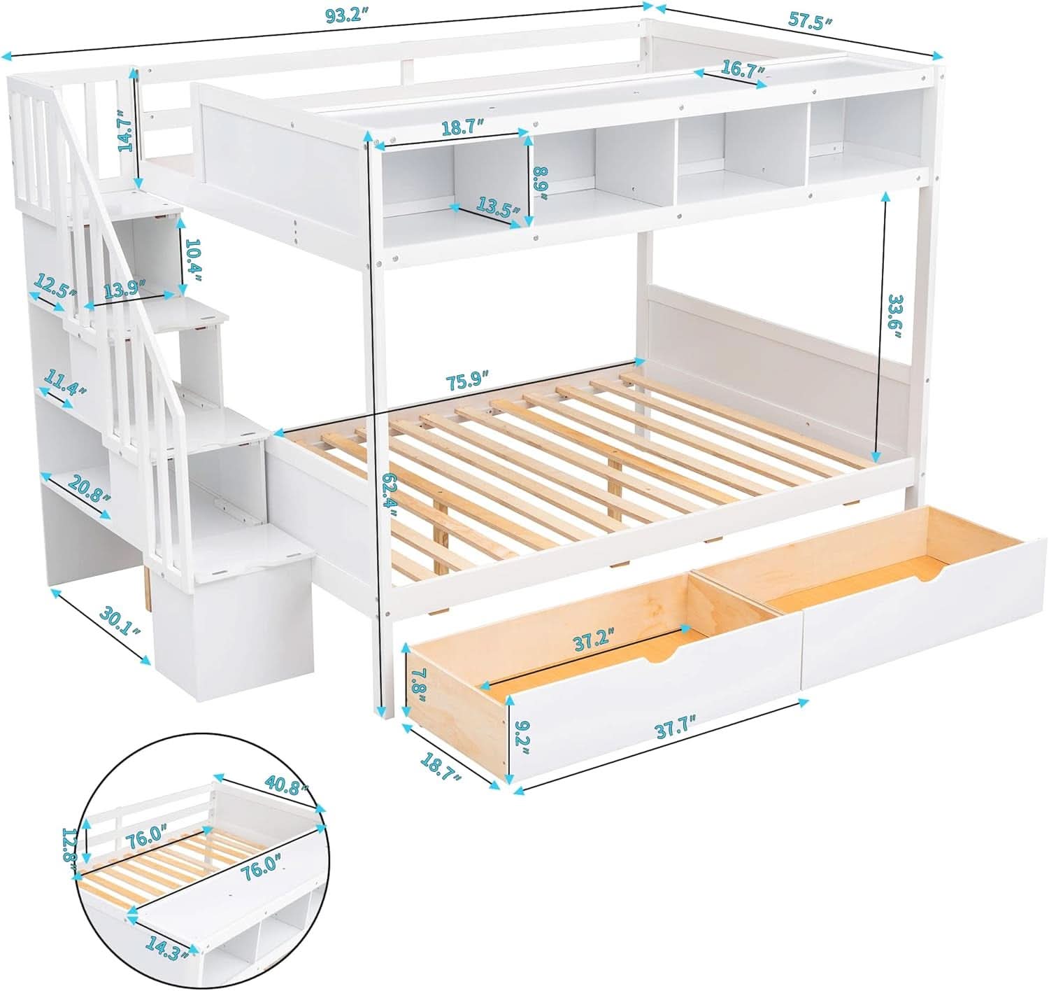 Twin Over Full Bunk Bed With Storage Shelves And Staircase