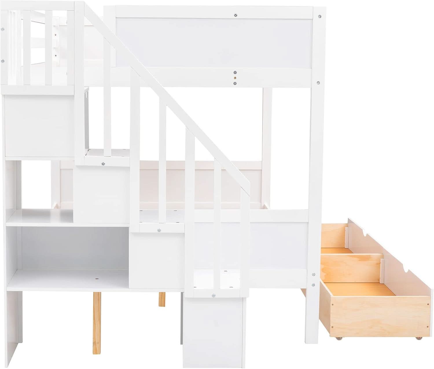 Twin Over Full Bunk Bed With Storage Shelves And Staircase