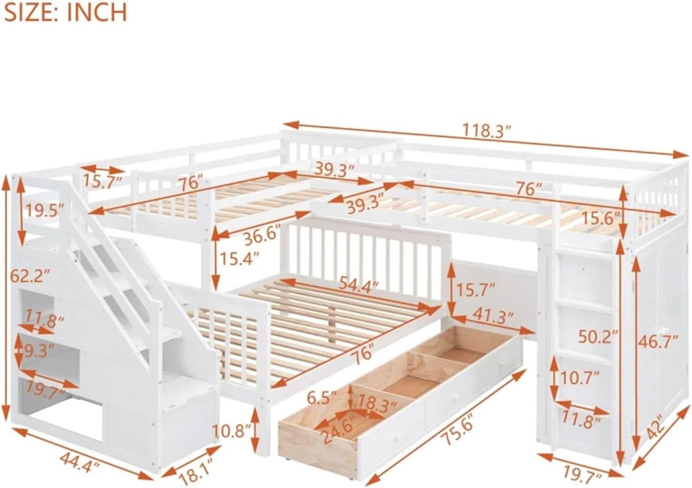 Twin Over Full L Shaped Bunk Bed Desk And Wardrobe Grey