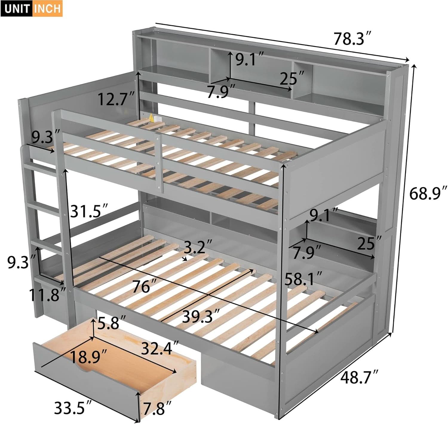 Twin Over Twin Bunk Bed Gray Storage Drawer And Shelves