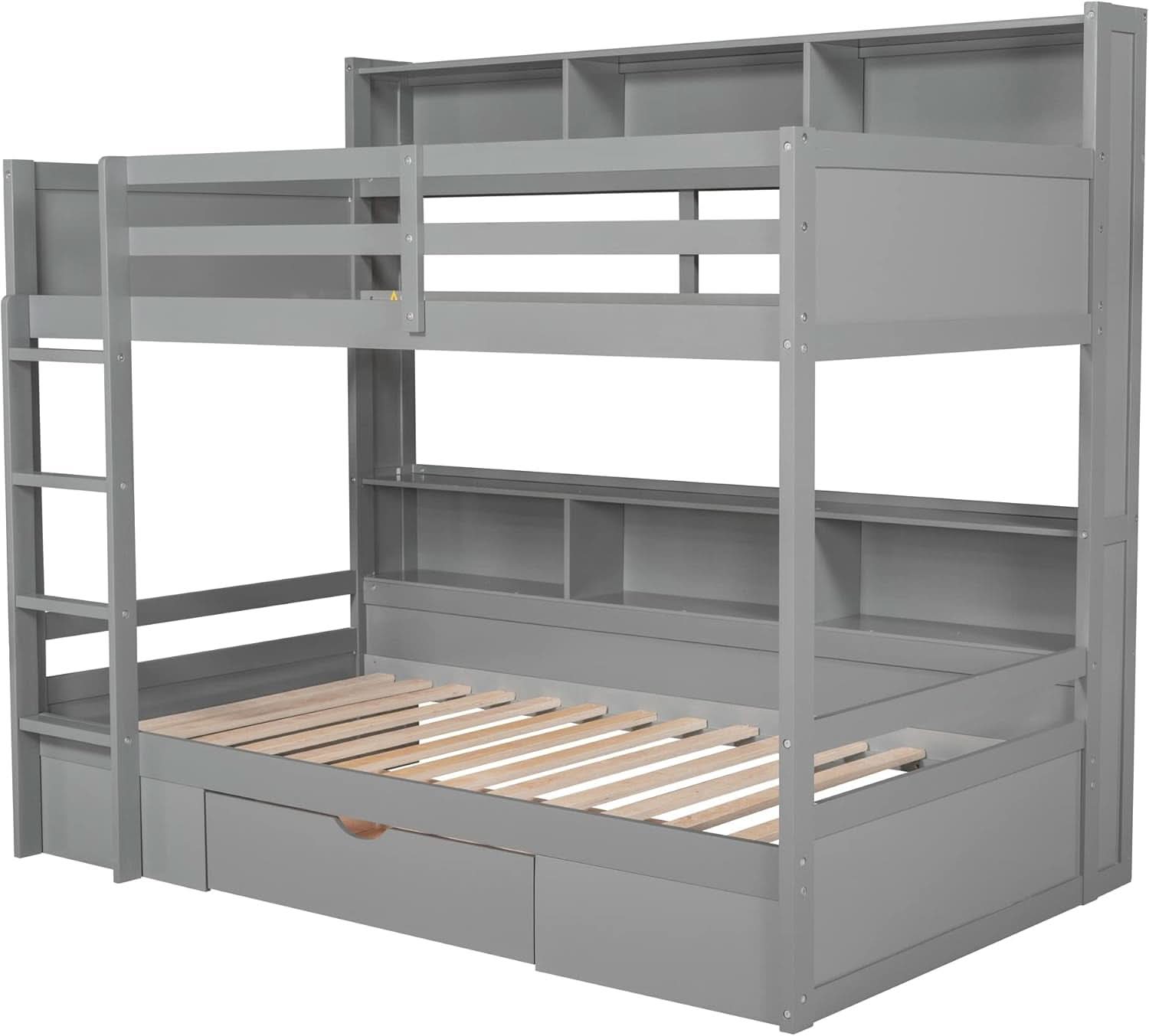 Twin Over Twin Bunk Bed Gray Storage Drawer And Shelves