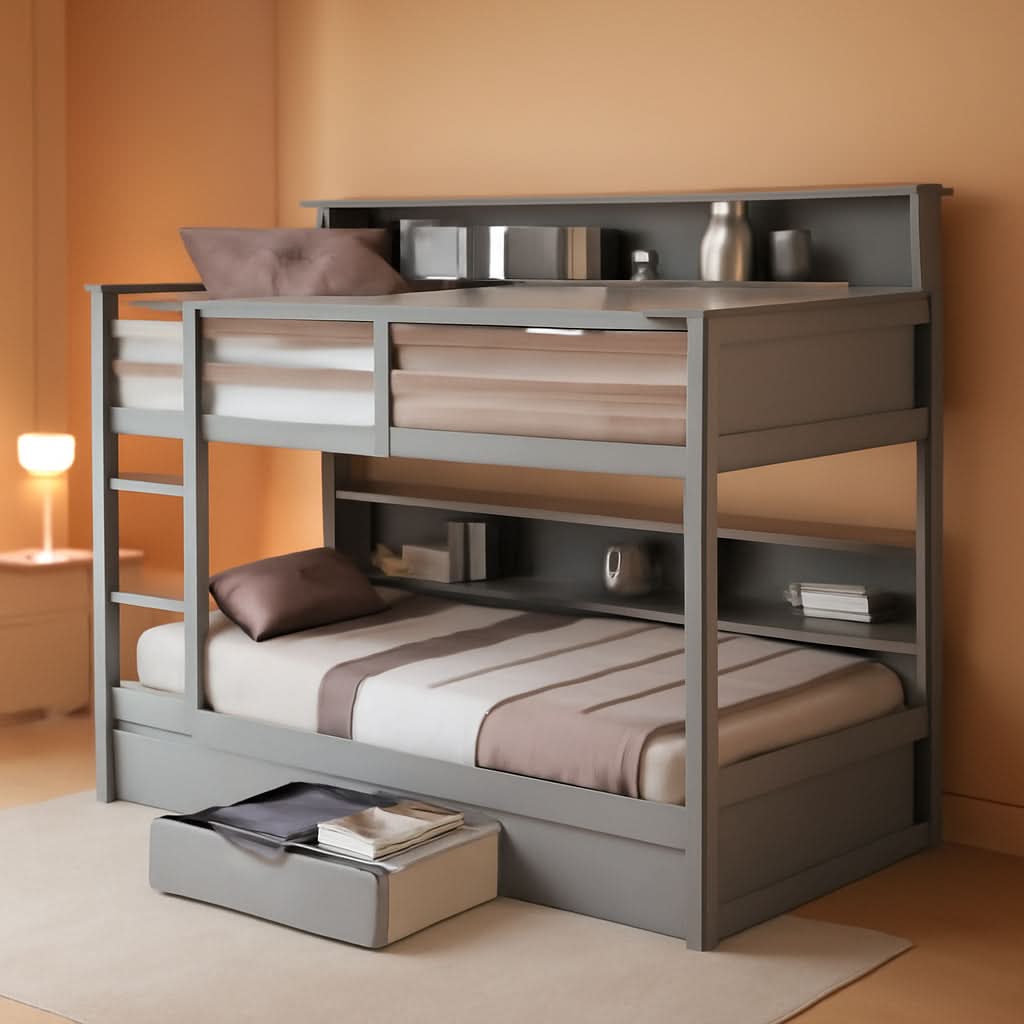 Twin Over Twin Bunk Bed Gray Storage Drawer And Shelves