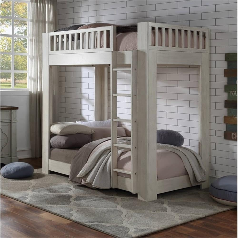 Twin Over Twin Bunk Bed With Wood Ladder Weathered White