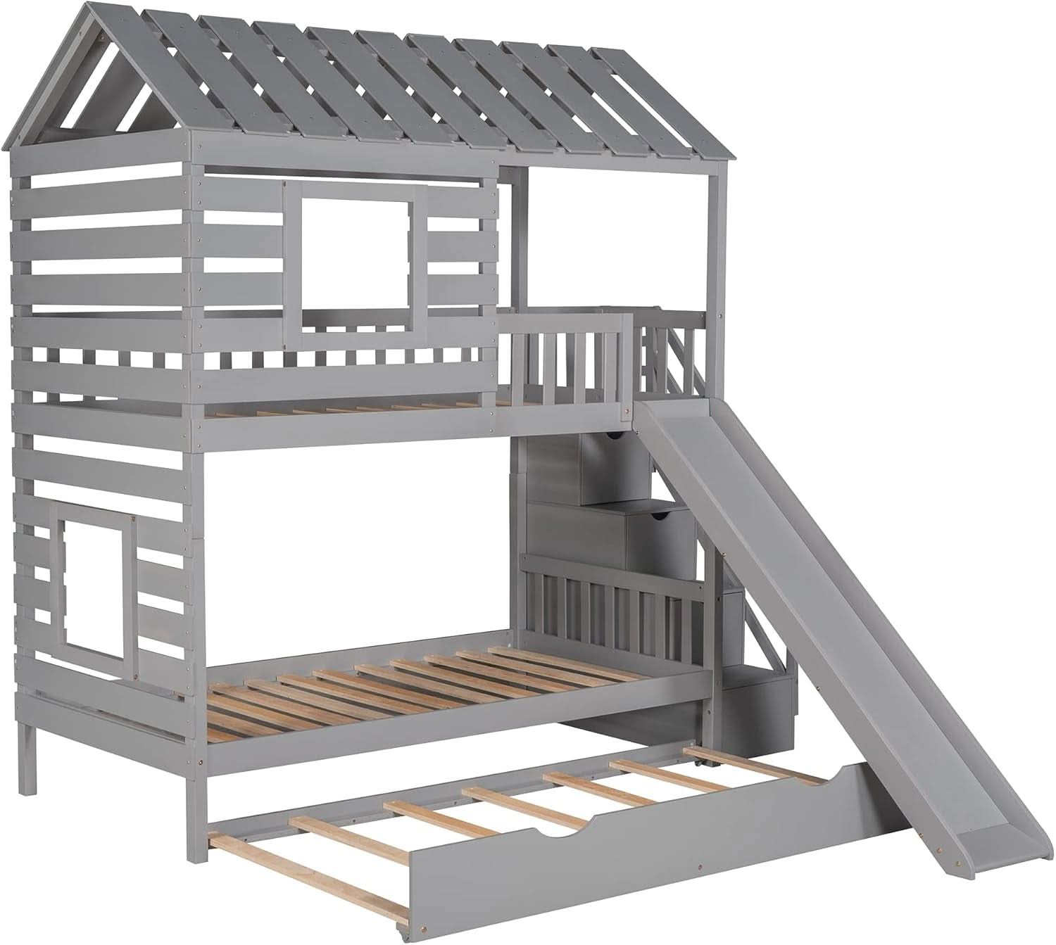 Twin Over Twin House Bunk Bed With Trundle Slide Gray