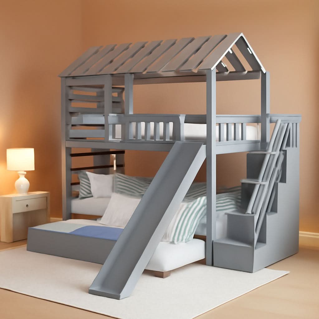 Twin Over Twin House Bunk Bed With Trundle Slide Gray