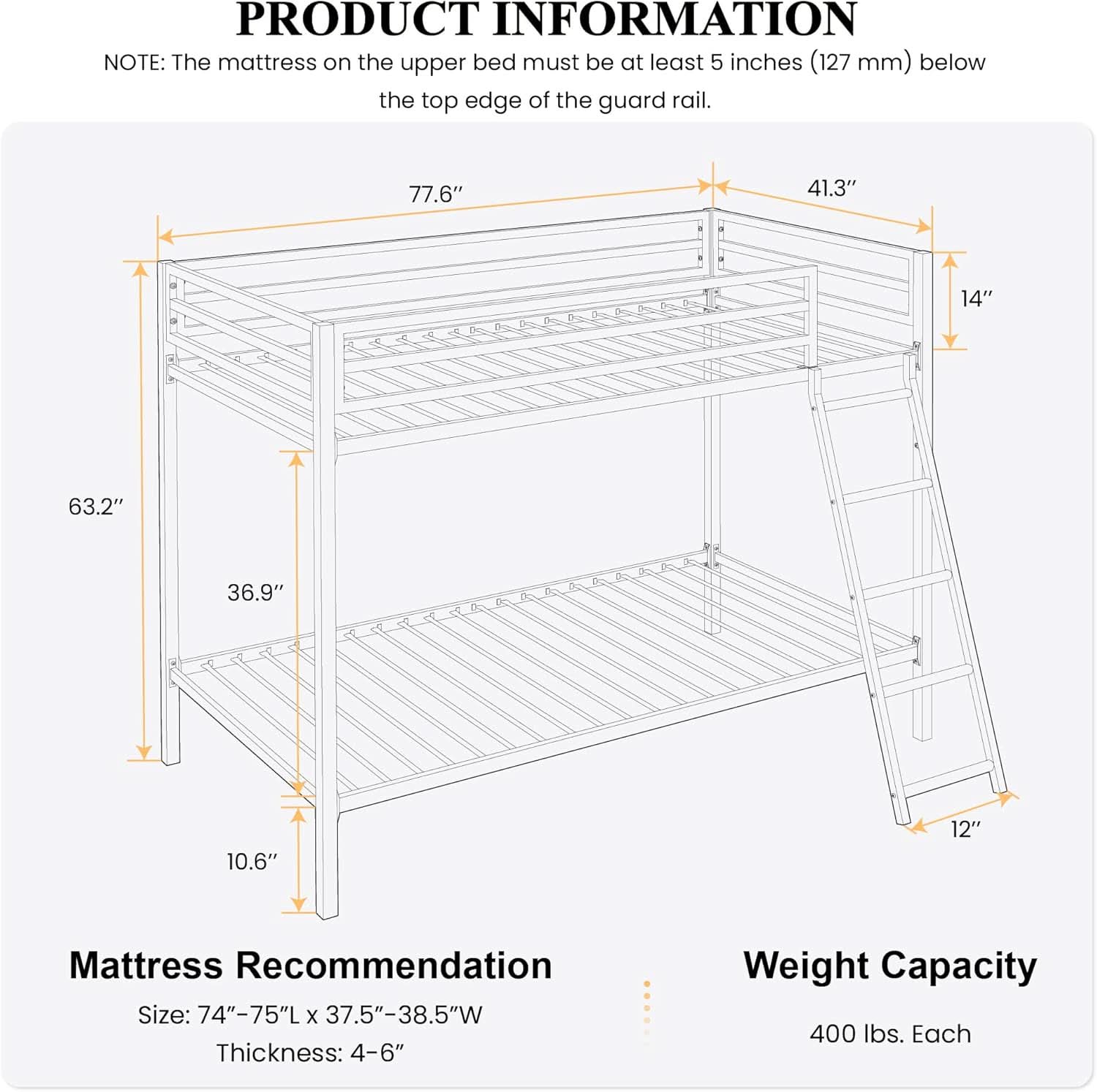 Twin Over Twin Metal Bunk Bed Black Guardrail And Ladder