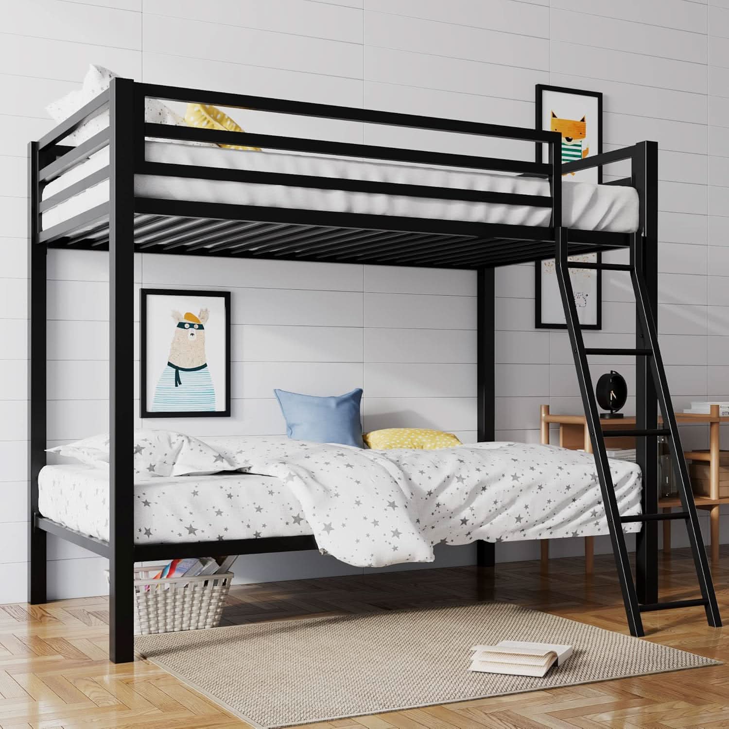 Twin Over Twin Metal Bunk Bed Black Guardrail And Ladder