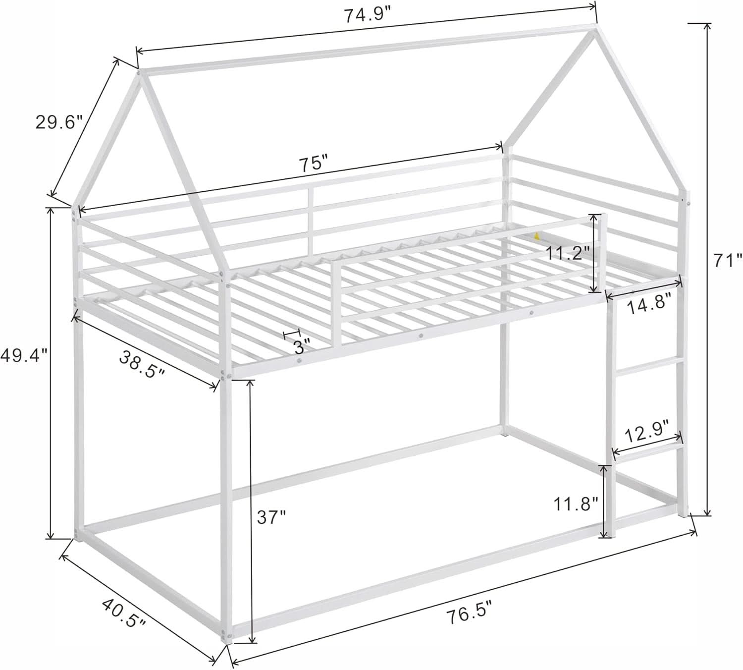 Twin Over Twin Metal Bunk Bed Ladder House Shaped Frame