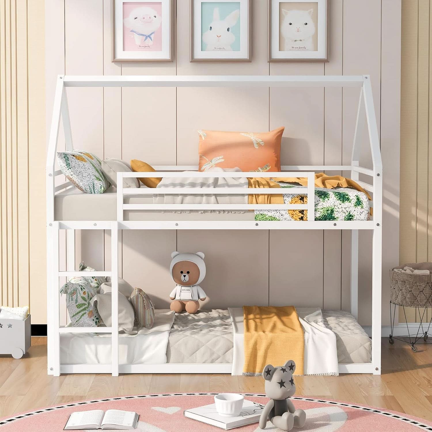 Twin Over Twin Metal Bunk Bed Ladder House Shaped Frame