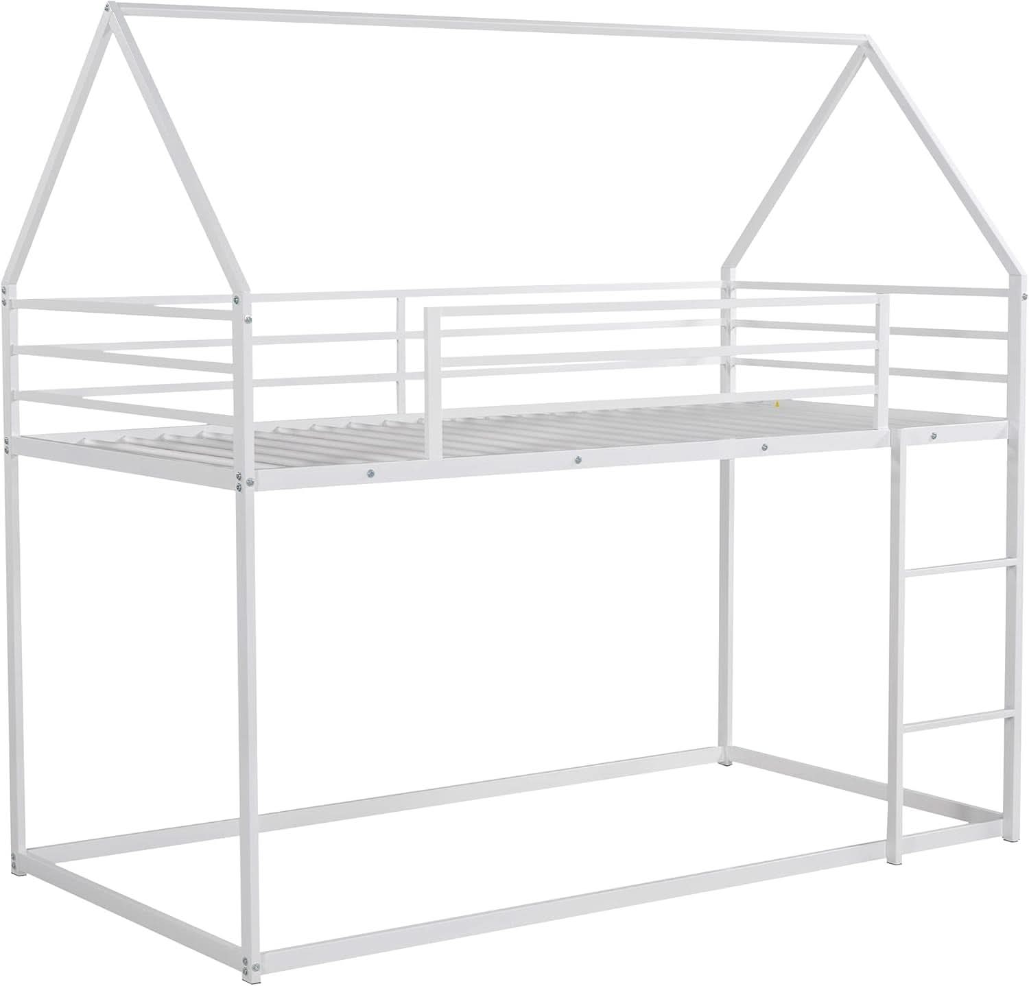 Twin Over Twin Metal Bunk Bed Ladder House Shaped Frame