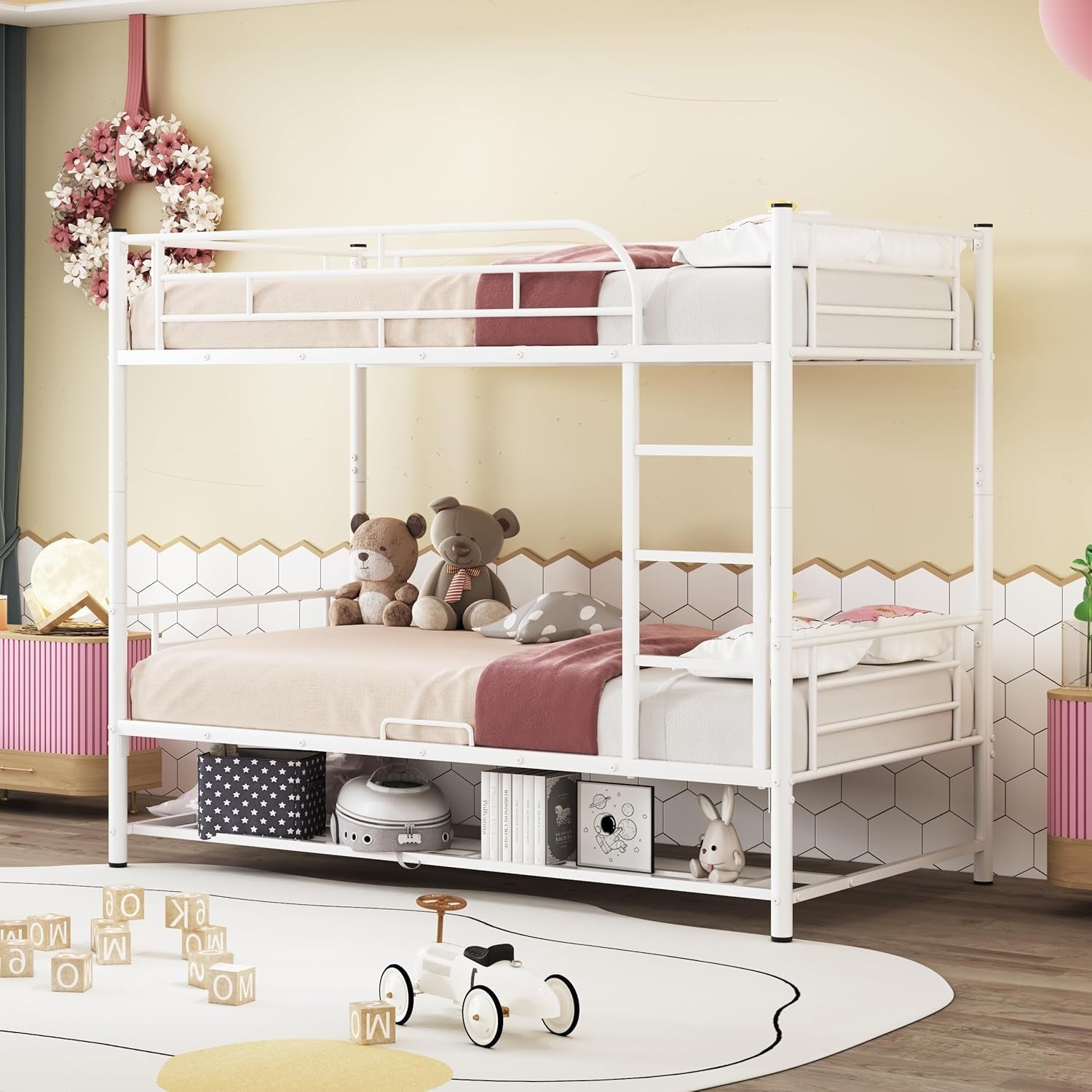 Twin Over Twin Metal Bunk Bed With Shelf and Rails White