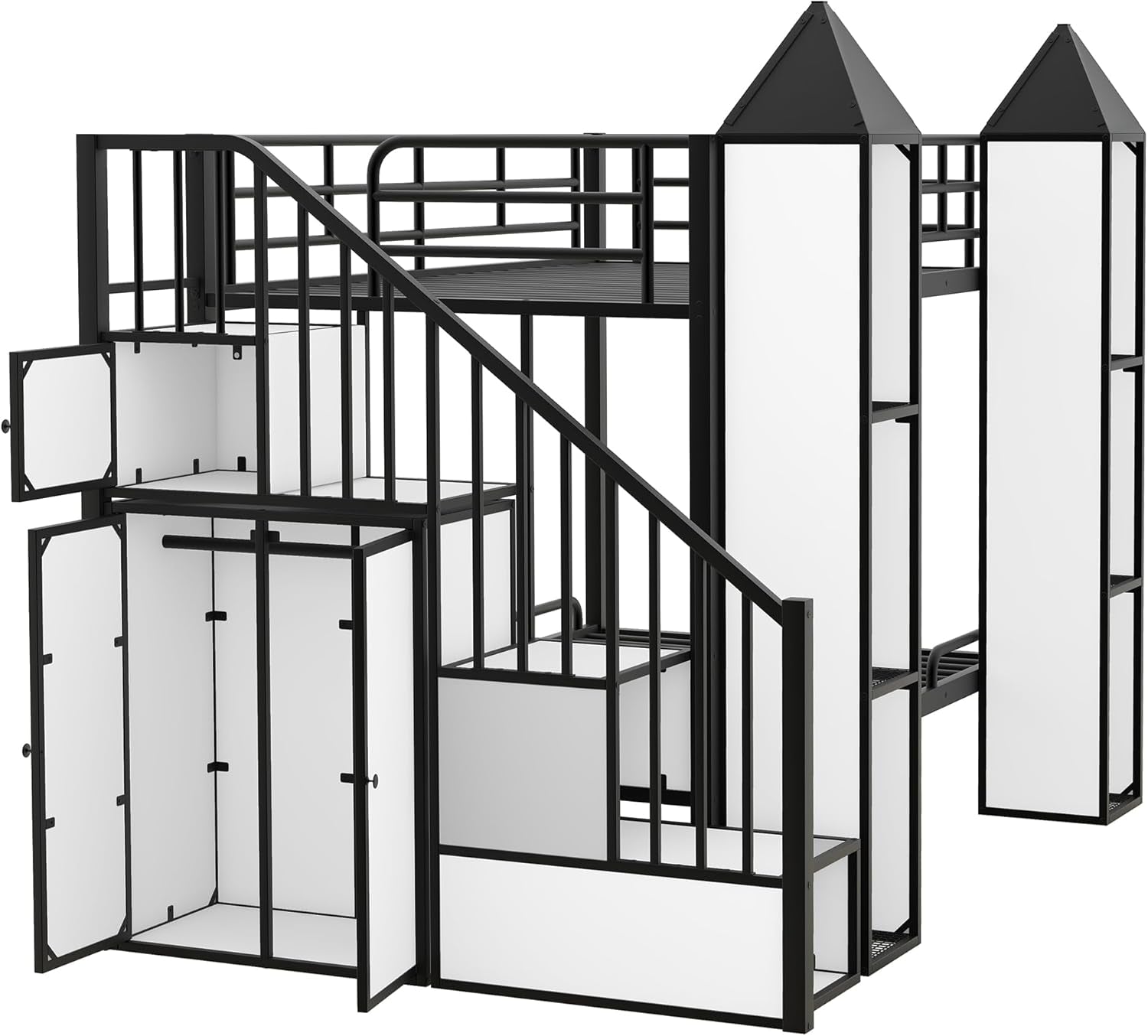 Twin Over Twin Metal Bunk Bed With Stairs And Storage Wardrobe Black And White