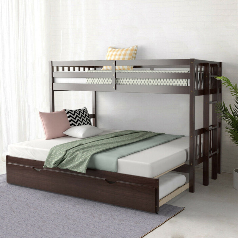 Twin Pull Out Bunk Bed With Trundle And Wooden Ladder