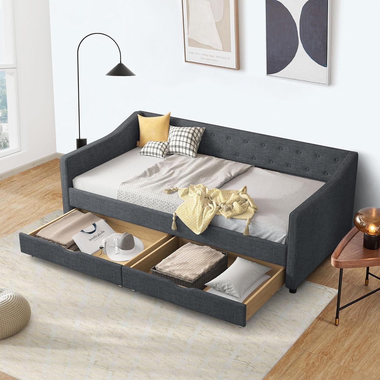 Twin Size Daybed In Dark Grey Linen With Two Drawers
