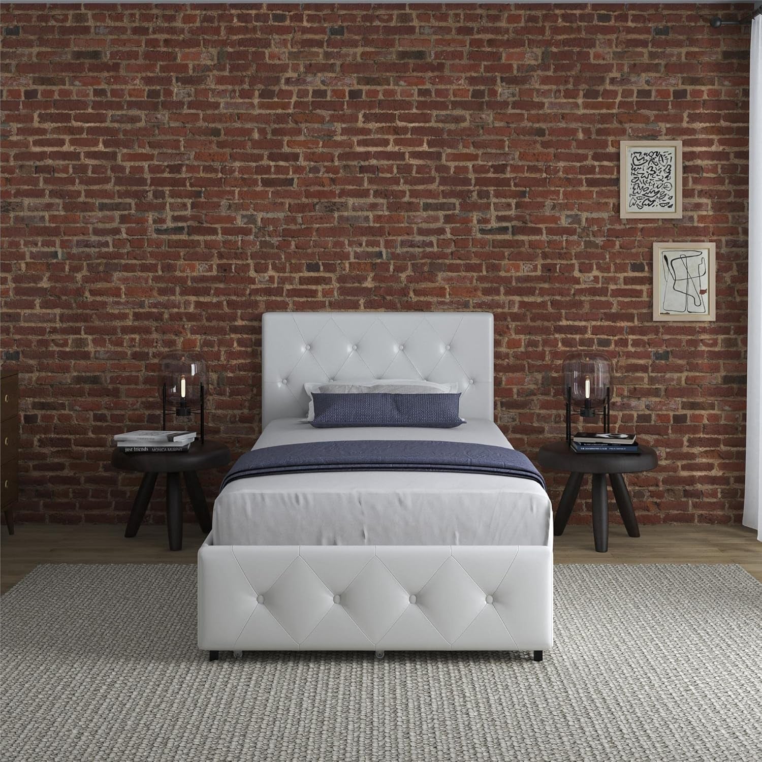 Twin Upholstered Platform Bed With Underbed Drawers White