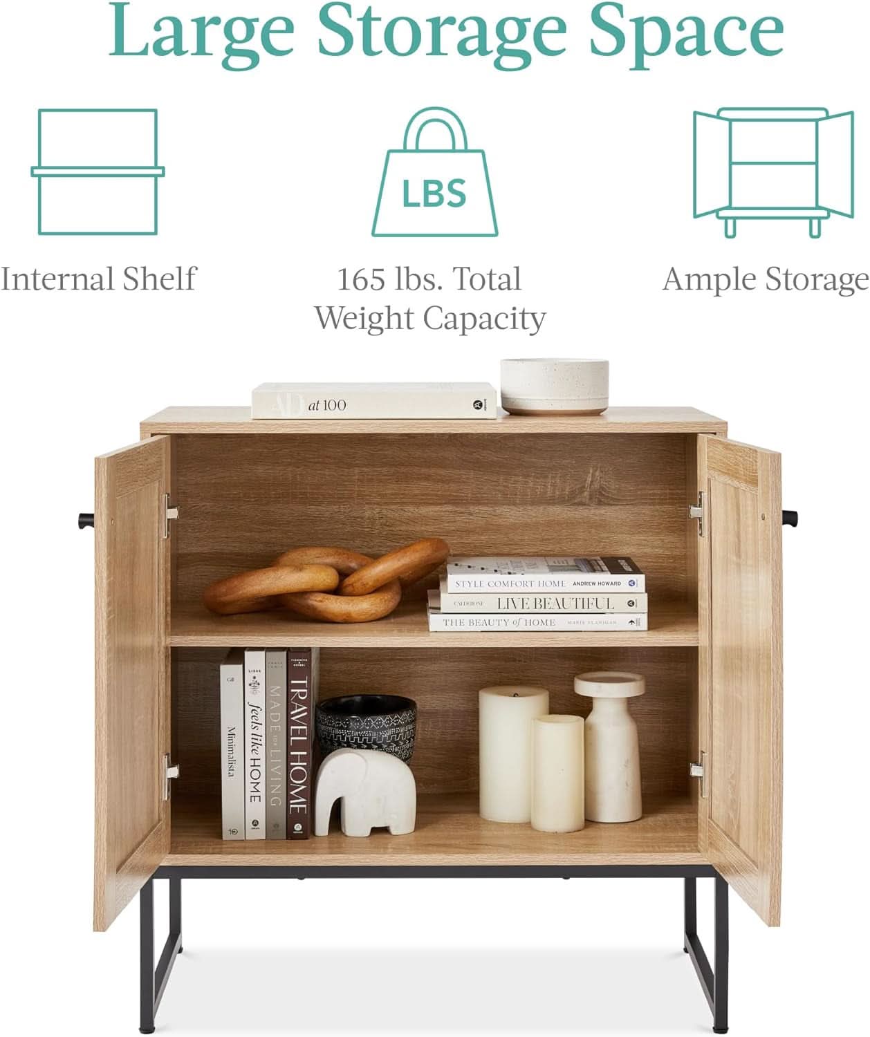 Two Door Rattan Storage Cabinet Natural Finish With Non Scratch Foot Pads For Living Room Hallway Kitchen