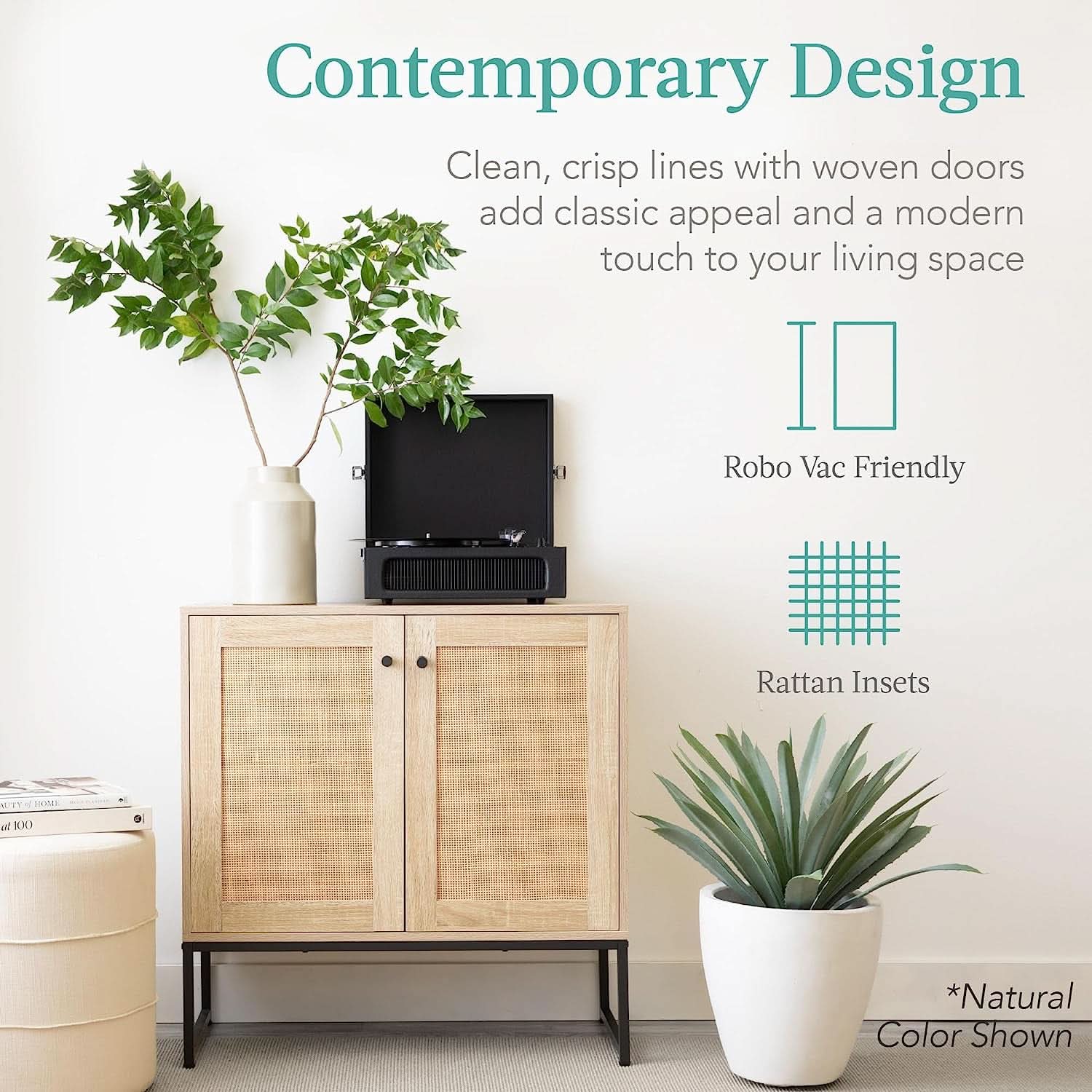 Two Door Rattan Storage Cabinet Natural Finish With Non Scratch Foot Pads For Living Room Hallway Kitchen